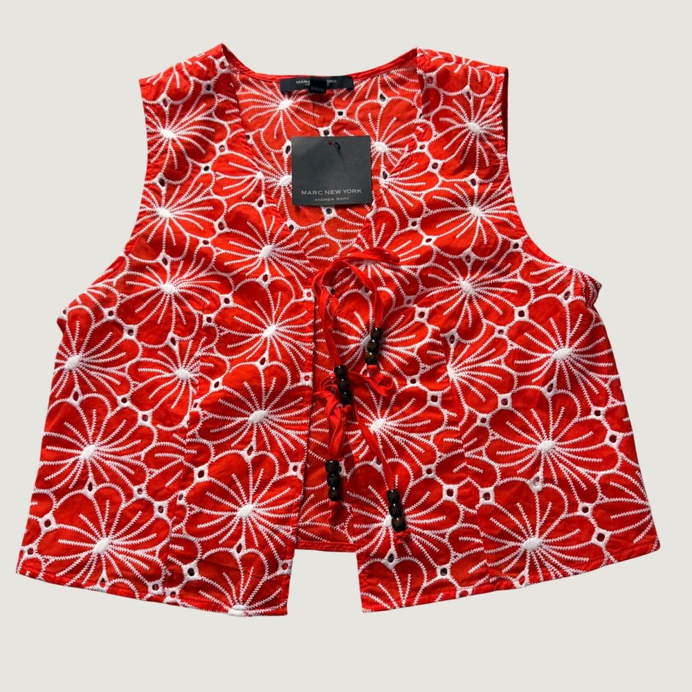 Marc New York Eyelet Vest Medium Floral Tie Front Cotton Red Boho NEW